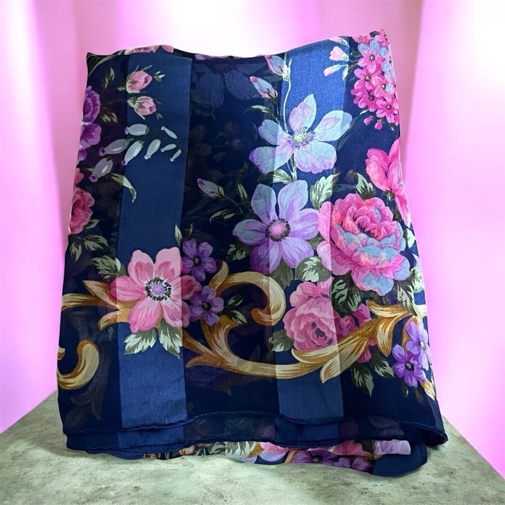 Hiroko Elegant vintage Navy pink Floral scrollwork classic pure silk Scarf - Picture 2 of 7
